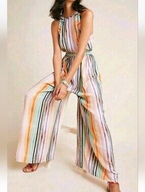 Bl-nk Blank London Anthropologie Wide Leg Jumpsuit Striped Watercolor Orange S